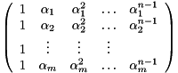 \[ \left( \begin{array}{ccccc} 1 & \alpha_1 & \alpha_1^2 & \ldots & \alpha_1^{n-1} \\ 1 & \alpha_2 & \alpha_2^2 & \ldots & \alpha_2^{n-1} \\ 1 & \vdots & \vdots & \vdots \\ 1 & \alpha_m & \alpha_m^2 & \ldots & \alpha_m^{n-1} \\ \end{array} \right) \]